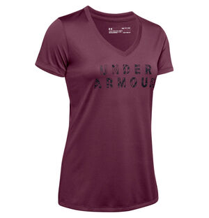 Funktionsshirt, V-Ausschnitt, Logo-Print, atmungsaktiv, für Damen, aubergine, S bei Karstadt Sports Online